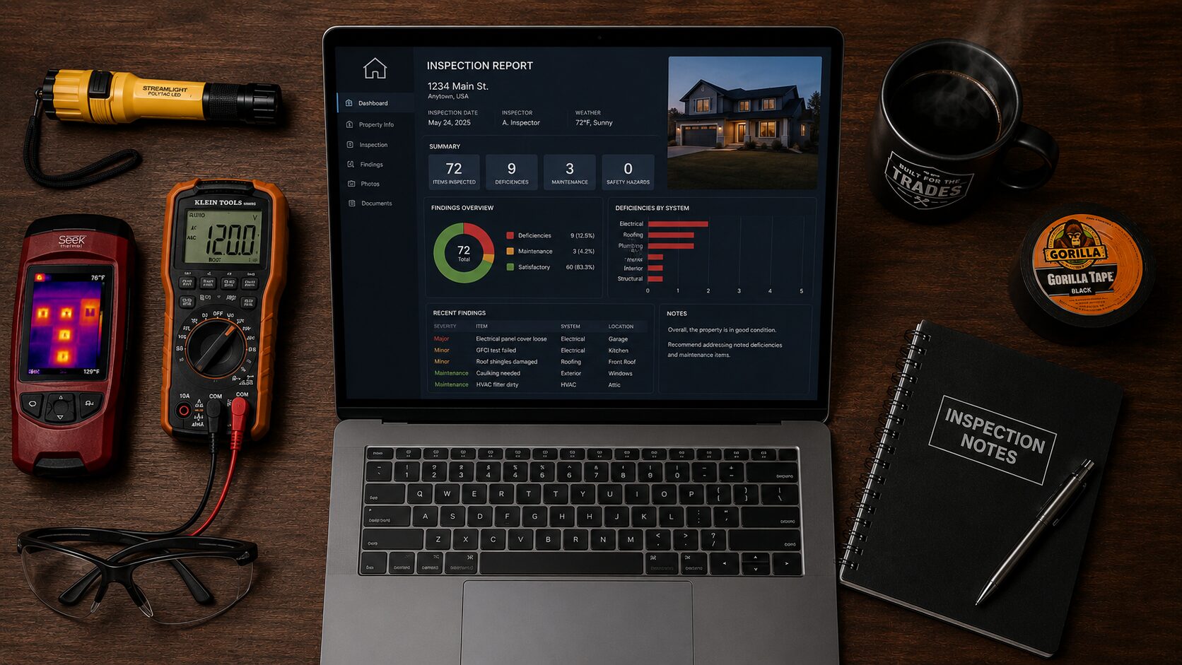 Plymouth MN home inspection workspace flat-lay — laptop with InspectorData report dashboard, Seek thermal imaging camera, Klein Tools multimeter, Streamlight flashlight, safety glasses, and inspection notes — InterNACHI Certified Master Inspector