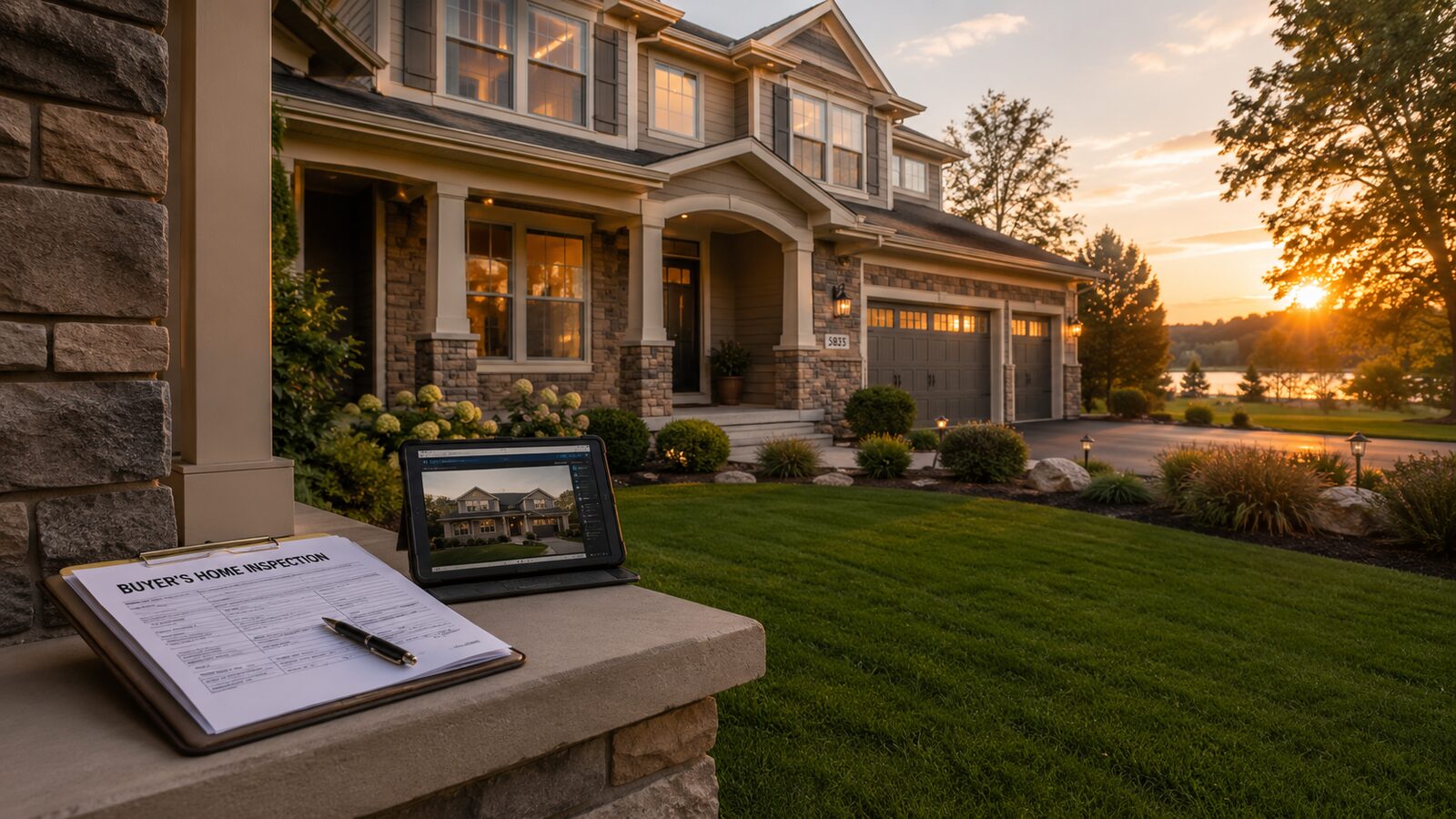 Buyer's home inspection — clipboard and tablet at a Plymouth home