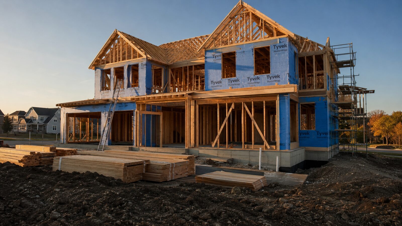 New construction home inspection — wood-framed two-story with Tyvek house wrap, scaffolding, and lumber on site in Plymouth MN