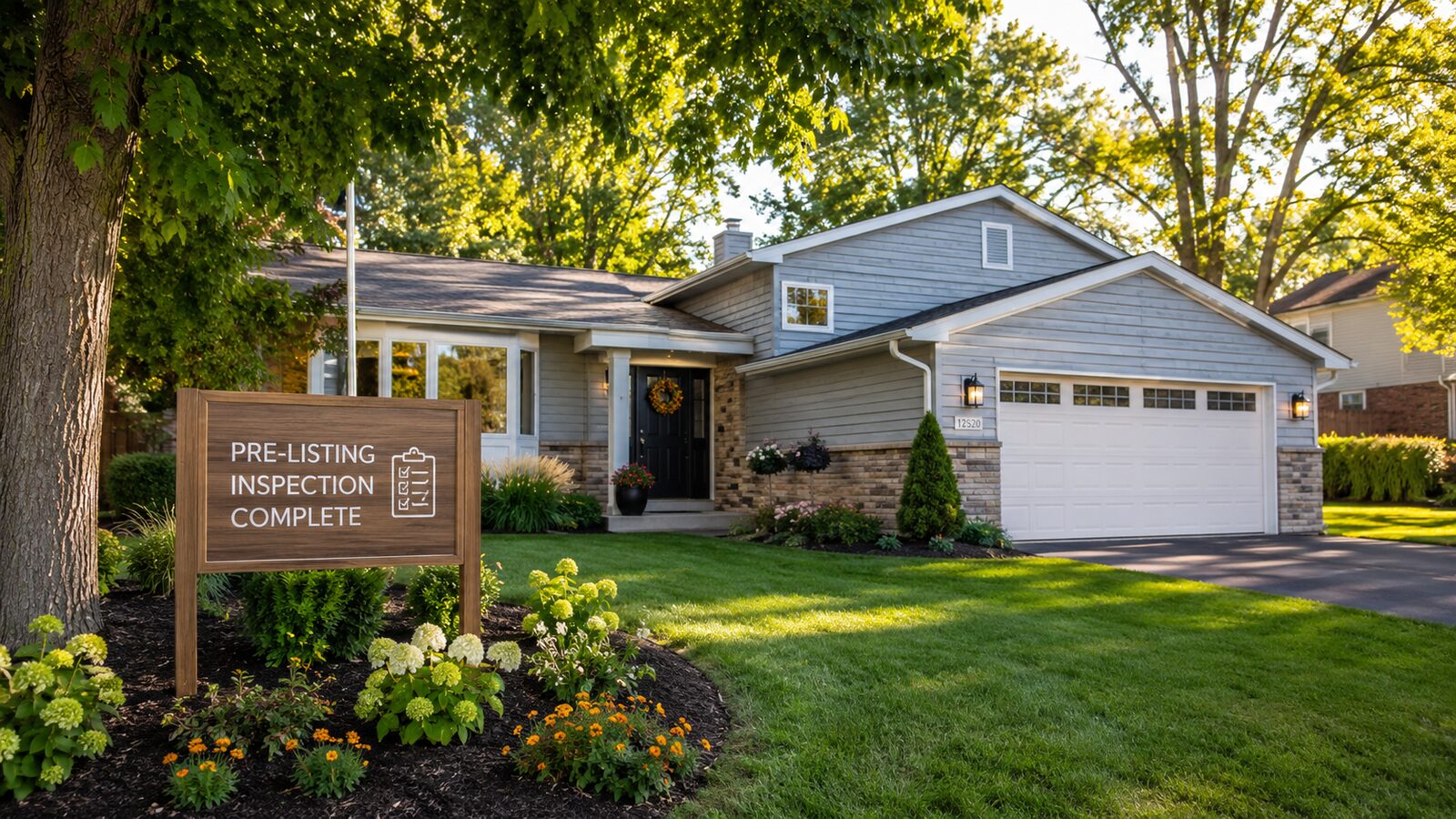 Pre-listing home inspection — Plymouth MN home with PRE-LISTING INSPECTION COMPLETE yard sign, fully staged for sale