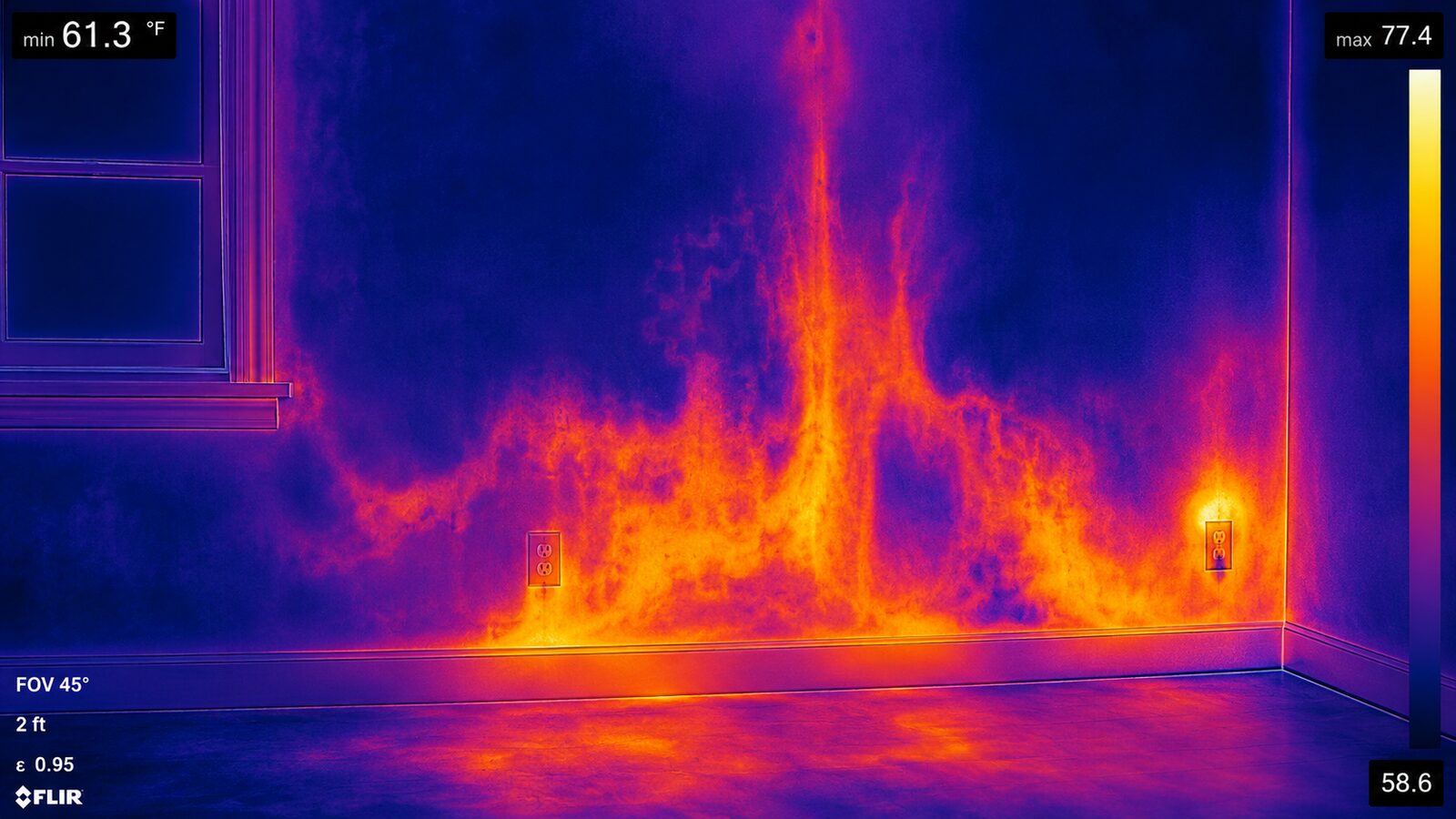 Mold and moisture detection — FLIR thermal imaging reveals hidden water intrusion in walls